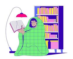 Cozy reading under blanket in home library cartoon flat illustration. Bookworm life. Self care. Warm wrapped latino man holding book 2D character isolated on white background. colorful image vector