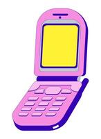 Vintage flip phone with blank screen 2D cartoon object. Early mobile technology y2k. 90s and 2000s nostalgia cellphone isolated element flat clipart on white background. Spot illustration vector