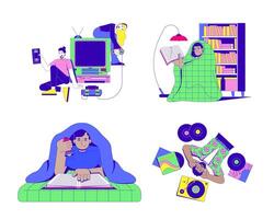 Nostalgic pastimes and retro technology cartoon flat illustrations set. VHS tape, gaming on old console. Reading book, vinyl records 2D characters isolated on white. Collection color images vector