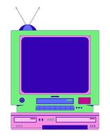 Retro television with DVD player 2D cartoon object. Vintage TV with antenna. Nostalgic tech. Floppy drive. 90s technology isolated element flat clipart on white background. Spot illustration vector