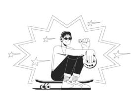Headphones retro skater eating lollipop with CD player black and white 2D illustration concept. 90s music, y2k boy sitting on skateboard outline character isolated. Metaphor monochrome art vector