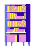 Bookcase with books and storage boxes 2D cartoon object. Bookshelves knowledge. Office furniture. Organized shelves isolated element flat clipart on white background. Spot illustration vector