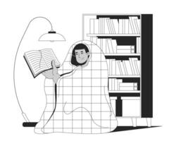 Cozy reading under blanket in home library linear illustration. Bookworm life. Self care. Warm wrapped latino man holding book 2D line character isolated on white. Monochrome outline image vector