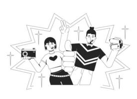 Y2k graphy and graphy enthusiasts in retro vibes black and white 2D illustration concept. Vintage camera girl, old camcorder man outline characters isolated. Metaphor monochrome art vector