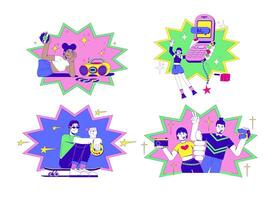 2000s retro pop culture and y2k trends 2D illustration concepts set. CD boombox. Flip phone girl. Skateboard boy. Camera camcorder cartoon characters isolated on white. Abstract flat collection vector