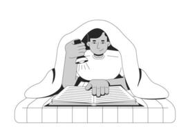 Reading book under blanket with flashlight linear illustration. Study homework nostalgia. Bedtime stories. Bookworm lifestyle 2D line character isolated on white. Monochrome outline image vector