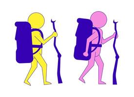 Two stick figures hikers with backpacks and walking sticks 2D cartoon characters set. Trekking adventure. Backpackers isolated people flat on white background. Spot illustrations collection vector