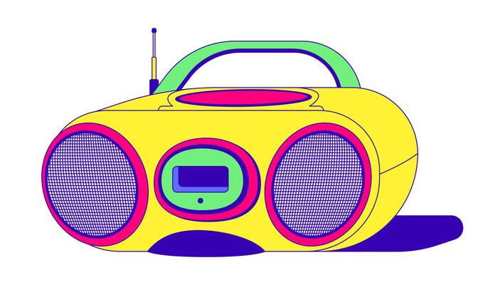 Vintage boombox with antenna and dual speakers 2D cartoon object. Retro music culture. Audio device. Portable sound system isolated element flat clipart on white background. Spot illustration