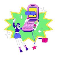 Retro flip phone and 2000s aesthetic 2D illustration concept. Hi text messaging. Girl celebrating bedazzled mobile with Y2K charms cartoon character isolated on white. Metaphor flat graphic vector