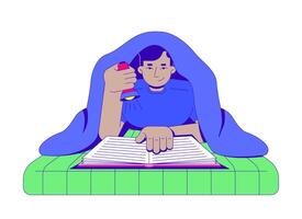 Reading book under blanket with flashlight cartoon flat illustration. Study homework nostalgia. Bedtime stories. Bookworm lifestyle 2D character isolated on white background. colorful image vector