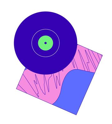 Vinyl record with artistic sleeve 2D cartoon object. Physical media. Music nostalgia and classic records. Retro lp disc isolated element flat clipart on white background. Spot illustration