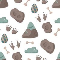 Dinosaur seamless pattern footprint tracks. Minimal color background with paw, stones, rainbow. Dinosaur footprint seamless pattern perfect for textile, wrap and wallpaper and design. vector