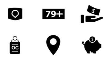 A set of black and white icons that include a map, a pin, a phone, and vector