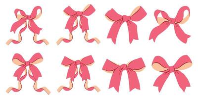 Bows with Pink Ribbons Set in Flat Cartoon Style vector