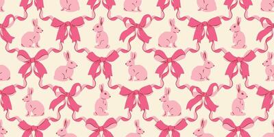 Girly Bows and Bunnies Seamless Pattern with Ribbon in Diamond Shape vector