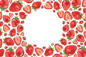 Realistic Red Strawberries Round Frame on White Rectangular Background vector