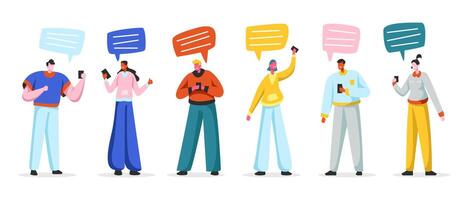 Social Networking Virtual Relationships Concept with Speech bubble. Flat People Characters Chatting via Internet Using Smartphone. Group of Man and Woman with Mobile Phones. illustration vector