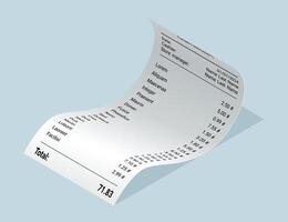 Payment check and receipts with shadow. Curved financial paper, purchase invoice. Buying, bill or calculate pay. Receipt the seller forms vector