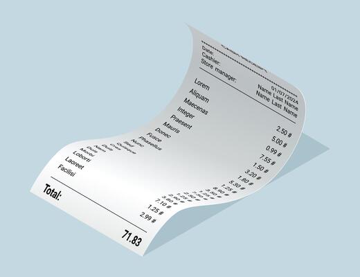 Payment check and receipts with shadow. Curved financial paper, purchase invoice. Buying, bill or calculate pay. Receipt the seller forms