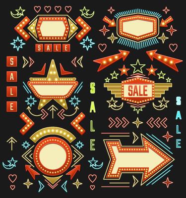 Retro american neon sign vintage sale banners and labels with vibrant designs that attract attention