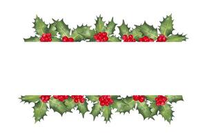 Christmas horizontal frame of red holly berries with leaves. Illustration of a watercolor background with space for text. Decoration for the New Year, seasonal holidays. Hand drawn isolated backdrop vector
