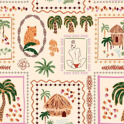 Summer tropical patchwork seamless pattern. Cute hand drawn palm tree, cabin, woman shape, jungle animal spots, landscape in frame. Jungle repeat background, exotic wallpaper, print, textile