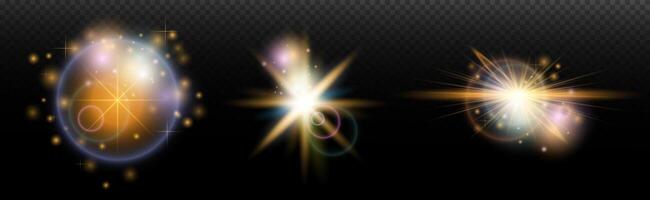 set of glowing, stars and light effects on a black background vector