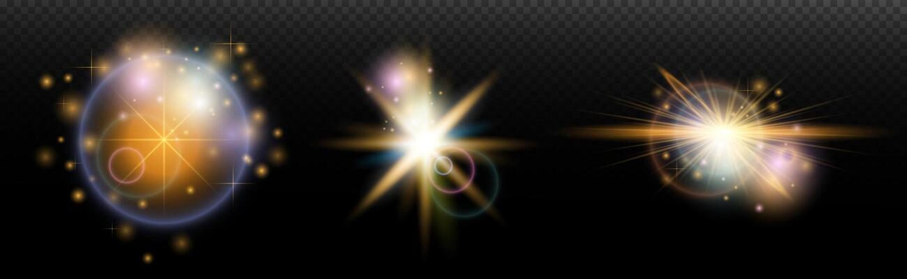 set of glowing, stars and light effects on a black background