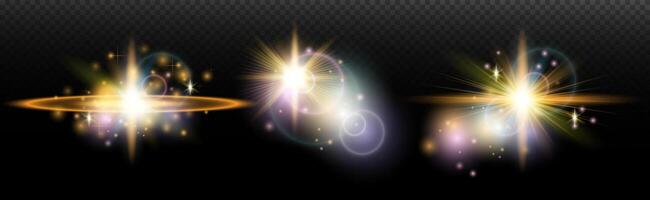 three glowing light effects on a black background vector