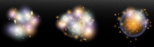 set of glowing stars and light effects on a black background vector