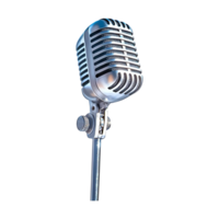 Close-up of a classic vintage microphone on a stand, showcasing its iconic retro design and polished metallic finish, ideal for audio recording and broadcasting themes. png