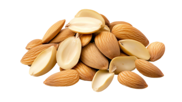 A close-up view of a pile of almonds, showcasing their smooth, light brown shell and pale inner nut. Perfect for healthy eating, snacking, or culinary use. png