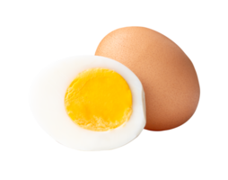 Cream raw chicken egg and peeled cooked or boiled egg with egg yolk in half in stack isolated with clipping path in file format png