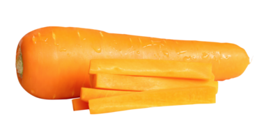 One root of orange carrot with slices in stick shape in stack isolated with clipping path in file format png