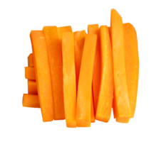 Group of orange carrot slices in stick shape in stack isolated with clipping path in file format png