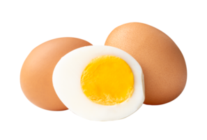 Two raw chicken eggs and peeled cooked or boiled egg with egg yolk in half in stack isolated with clipping path in file format png