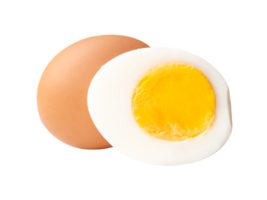 Raw chicken egg and peeled cooked or boiled egg with egg yolk in half in stack isolated with clipping path in file format png