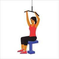 girl doing Front Pull Up, showcasing controlled movement and upper body strength. The animation highlights her gripping the pull-up bar with proper form, pulling herself up while engaging the back vector