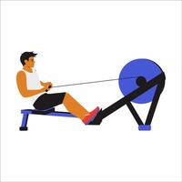 man doing a Seated Cable Row Workout, demonstrating proper posture and movement. The animation highlights the back and arm muscles engaging as he pulls the cable handle towards his torso, vector