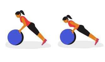 girl performing Stability Ball Push Ups, demonstrating strength, balance, and control. The animation showcases her placing her hands on a stability ball while maintaining proper body alignment vector