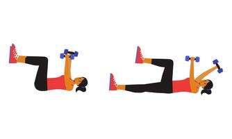 girl doing Dumbbell Dead Bug Exercise, demonstrating core engagement and stability. The animation showcases her lying on her back, holding dumbbells while moving opposite arms and legs in a synchroniz vector