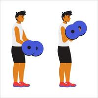 man performing a barbell curl, a classic exercise focused on strengthening the biceps. The character holds a barbell with both hands, standing upright with feet shoulder-width apart. vector