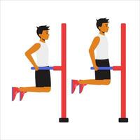 man doing dips, demonstrating proper form and muscle engagement. The animation highlights the triceps, shoulders, and chest as he lowers and pushes his body up, focusing on upper body strength vector