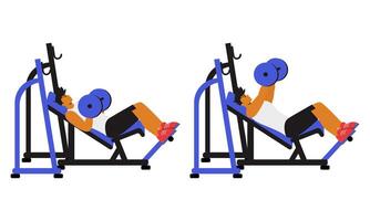 man performing an inclined bench press, a variation of the traditional bench press that targets the upper chest and shoulders. The character lies on an inclined bench, gripping a barbell or dumbbells vector
