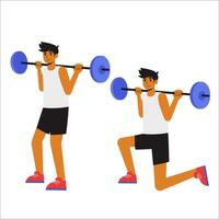 man performing barbell lunges, a powerful lower-body exercise that targets the legs and glutes. The character holds a barbell across his shoulders, maintaining proper posture as he steps forward into vector