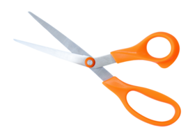 Inclined medium open multipurpose scissors with orange handle isolated with clipping path in file format png