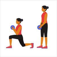 girl performing Dumbbell Lunges with proper form and control. The animation showcases her stepping forward into a lunge position while holding dumbbells, emphasizing balance, strength, and stability. vector