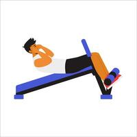 man doing crunches, showcasing proper core engagement and controlled movement. The animation highlights the abdominal muscles contracting as he lifts his upper body, focusing on core strength vector