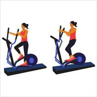 girl on an elliptical bike, demonstrating a controlled and rhythmic motion while maintaining proper posture. The animation highlights full-body engagement, focusing on cardiovascular endurance vector