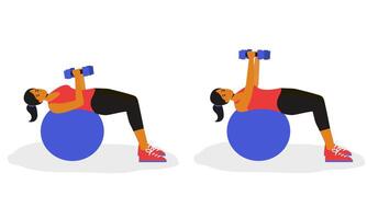 girl performing a Ball Chest Press exercise. The animation showcases controlled movements as she lies on a stability ball, holding dumbbells and pressing them upwards with proper form. vector